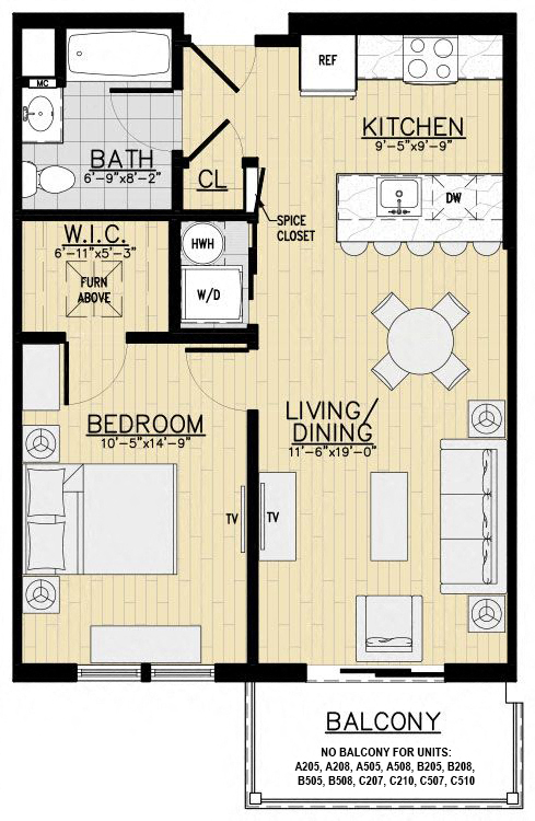 Floor plan for 1 bed, 1 bath, 675 sqft